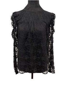 Ann Taylor Loft Black Crochet Lace Puff Sheer Sleeve Top Petite Small Gothic